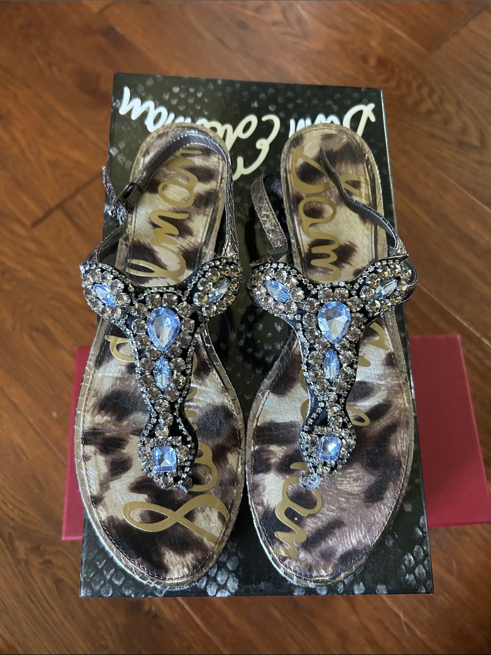 Sam Edelman Jeweled T-Strap Sandal in Pewter and Light Blue